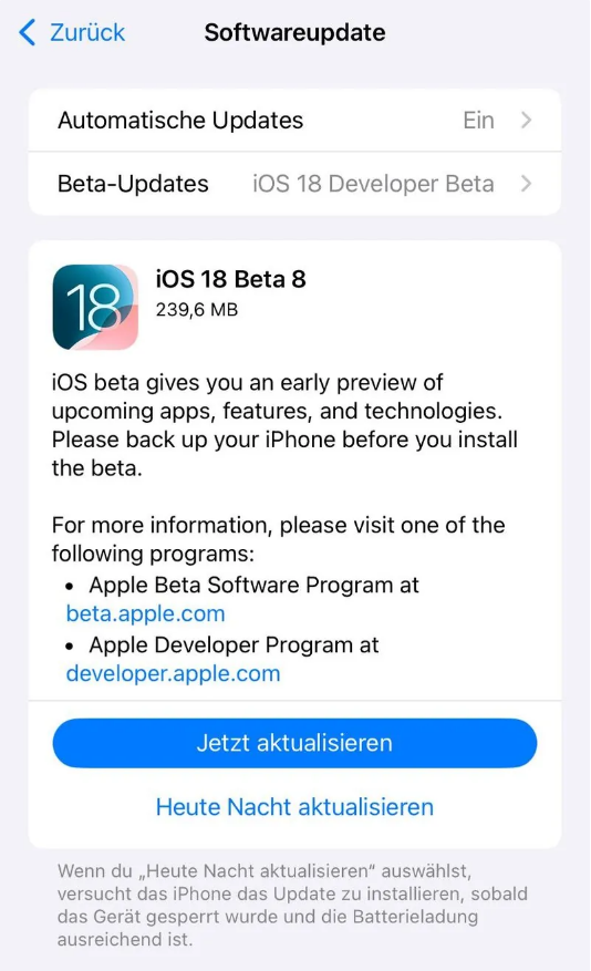 睢县苹果手机维修分享苹果 iOS / iPadOS 18 开发者预览版 Beta 8 发布 